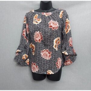 LOFT Floral Peasant Blouse XS Boho Romantic Top Gathered Neck Flowy Ruffle Cuff